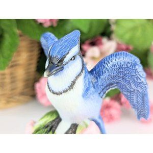 2001 Avon Collectible Bisque Porcelain Blue Jay on Flower Bell Figurine Vintage